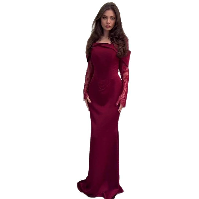 2026 New Women'S Clothing Red Lace Long-Sleeved Slim-Fitting Elegant Hip-Hugging Long Dress - Image 5