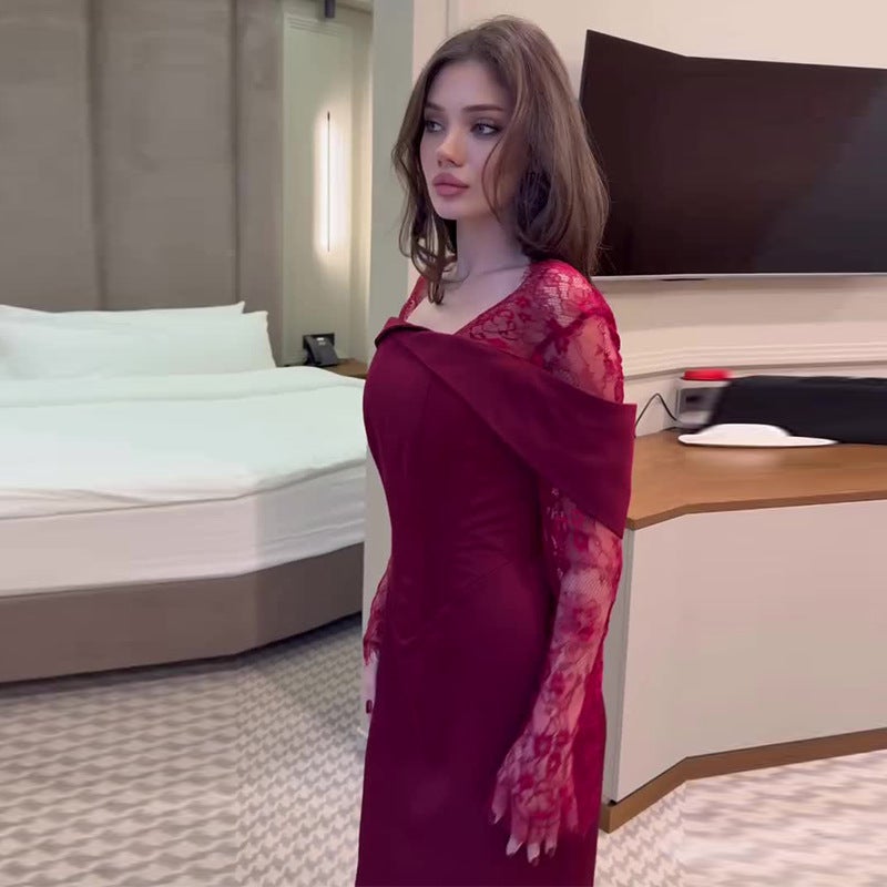 2026 New Women'S Clothing Red Lace Long-Sleeved Slim-Fitting Elegant Hip-Hugging Long Dress - Image 3