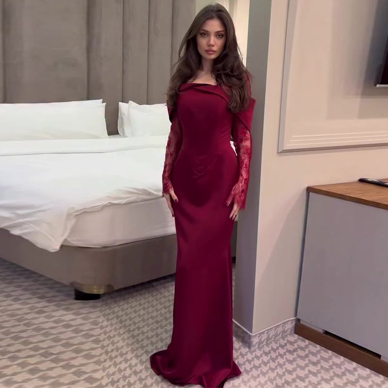 2026 New Women'S Clothing Red Lace Long-Sleeved Slim-Fitting Elegant Hip-Hugging Long Dress - Image 2