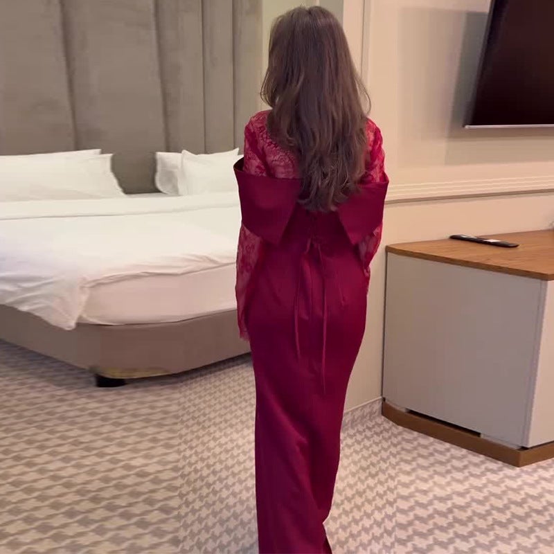 2026 New Women'S Clothing Red Lace Long-Sleeved Slim-Fitting Elegant Hip-Hugging Long Dress - Image 4