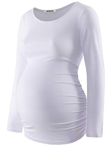 GINKANA Maternity Shirt Long Sleeve Basic Top Side Ruching Bodycon Tshirt for Mama Pregnant Women White - Image 1