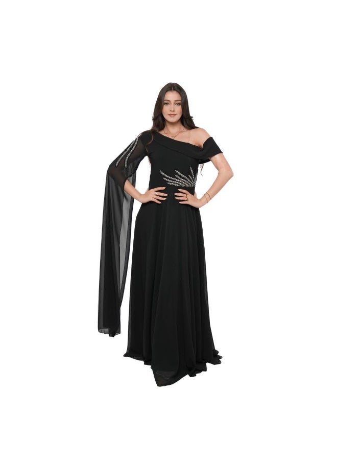 NICE MODEL Black Chiffon Evening Gown Crystal Embellished - Image 1