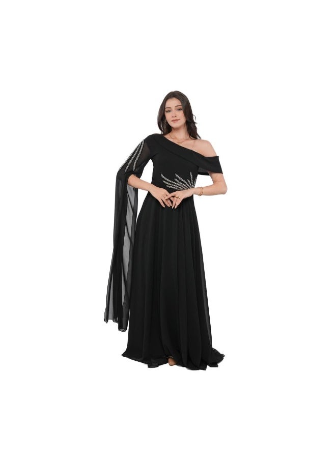 NICE MODEL Black Chiffon Evening Gown Crystal Embellished - Image 5