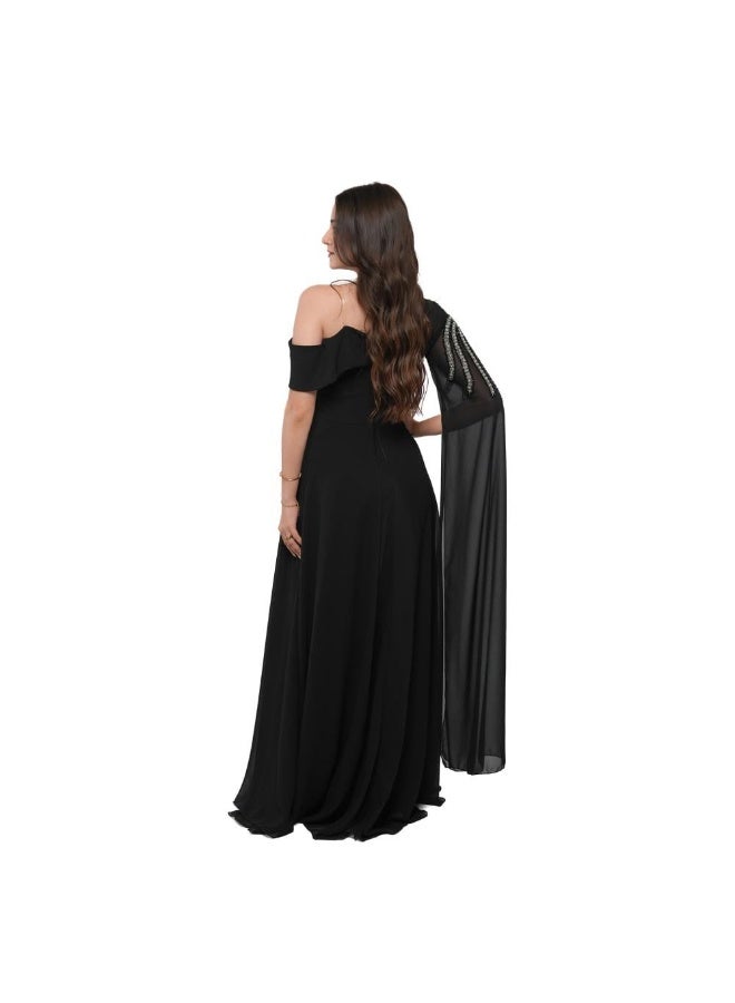 NICE MODEL Black Chiffon Evening Gown Crystal Embellished - Image 2