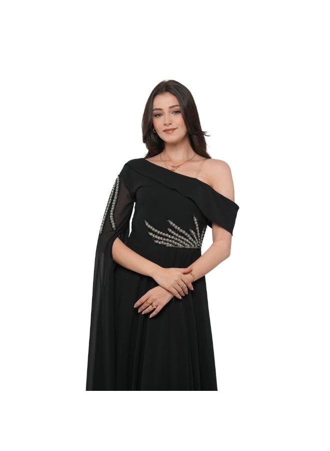 NICE MODEL Black Chiffon Evening Gown Crystal Embellished - Image 3
