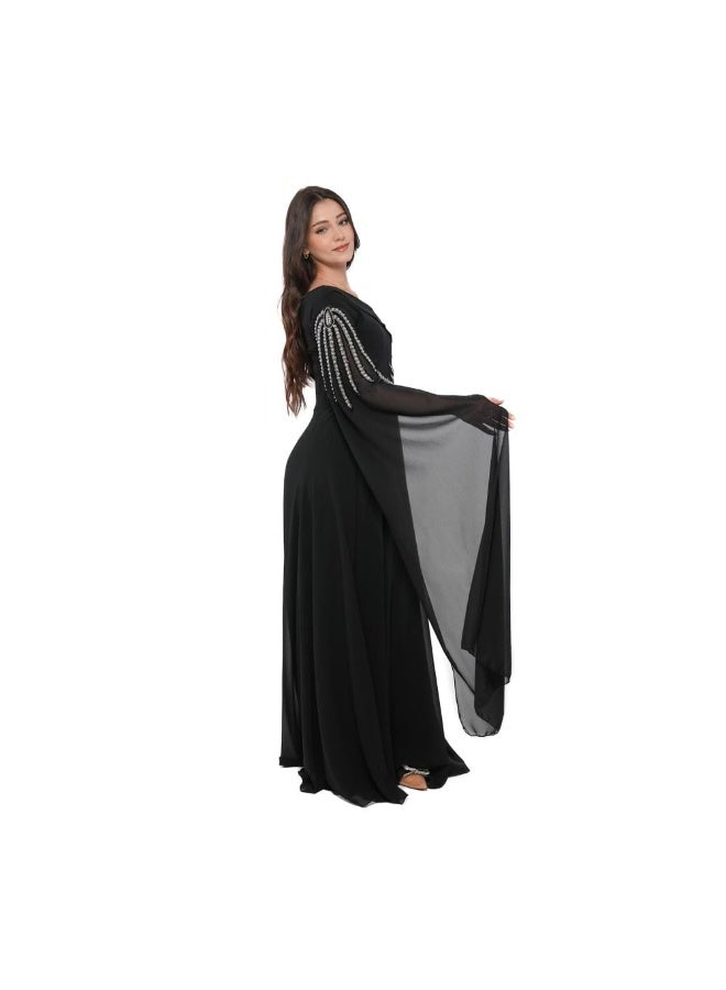 NICE MODEL Black Chiffon Evening Gown Crystal Embellished - Image 4