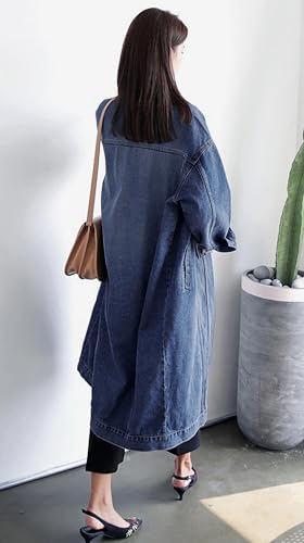 Jofemuho Womens Classic Jean Jacket Plus Size Loose Long Sleeve Button Down Denim Trench Coat Blue 3XL - Image 3