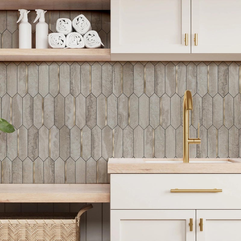 KASARO Peel and Stick Backsplash Long Hexagon Wall Tile, 10-Pieces PVC Self Adhesive Mosaic Tiles, Marble Beige Slate with Vintage Gold Stripes Decorative for Kitchen, Bathroom and Fireplace - Image 3
