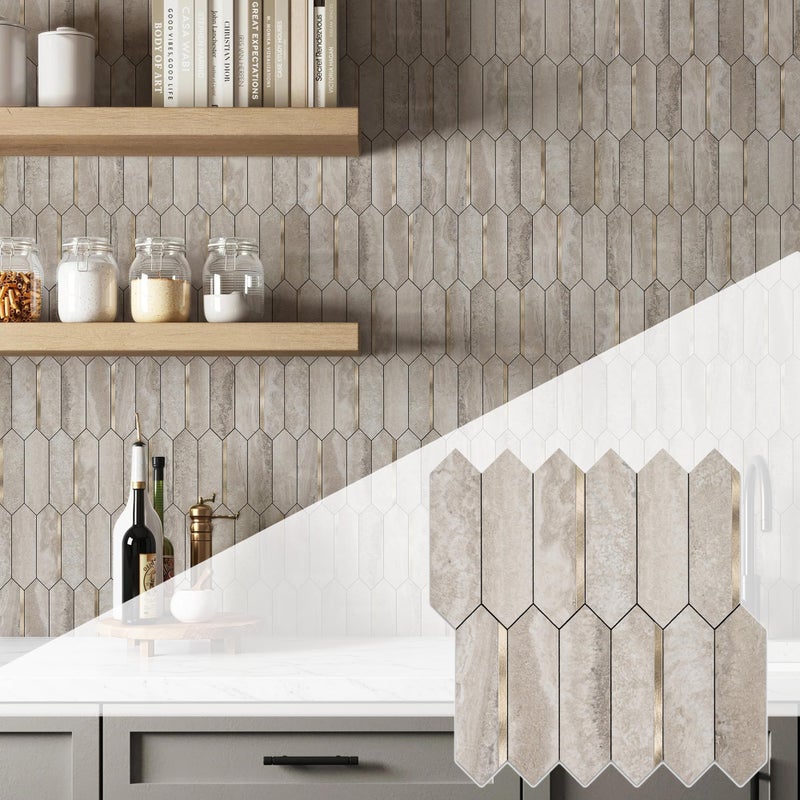 KASARO Peel and Stick Backsplash Long Hexagon Wall Tile, 10-Pieces PVC Self Adhesive Mosaic Tiles, Marble Beige Slate with Vintage Gold Stripes Decorative for Kitchen, Bathroom and Fireplace - Image 1