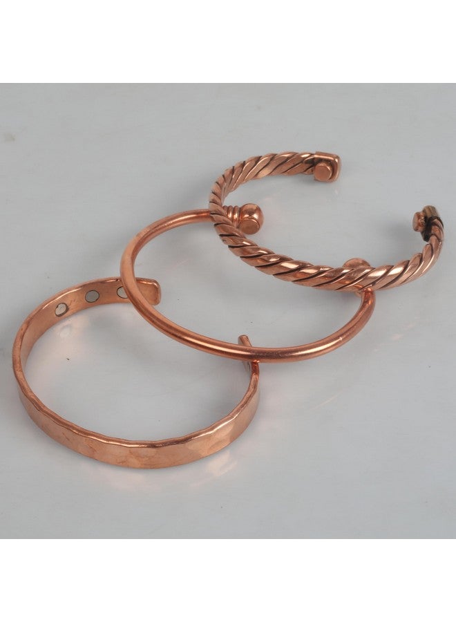 Touchstone copper magnetic bracelet tibetan style. hand forged with solid and high gauge pure copper. set of 3 different designs in hammered braided pipe style. - Image 5