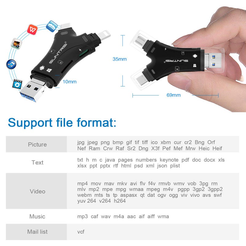 SUNTRSI SD Card Reader for iPhone/ipad/Android/Mac/Computer/Camera,4 in1 Micro SD Card Reader Trail Camera Viewer, Portable Memory Card Reader SD Card Adapter for SD and TF Cards(Black) - Image 4