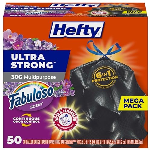 Hefty Ultra Strong 30 Gallon Trash Bags Large Trash Bags 30 Gallon Size Multipurpose Break Resistant Drawstring Closure Resists Leaks Punctures and Tears Black Fabuloso Scent 50 Bags - Image 2