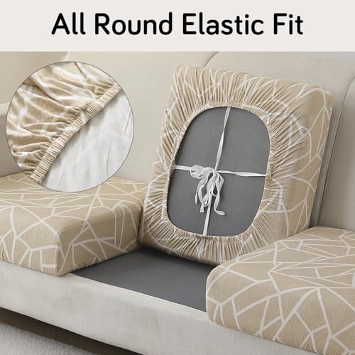 HOKIPO 'Elira Series' Polyester Blend 140GSM Stretchable Sofa Seat Cushion Cover Slipcover, 2 Seater, Beige Abstract Geometry (AR-5349-C3) - Image 3