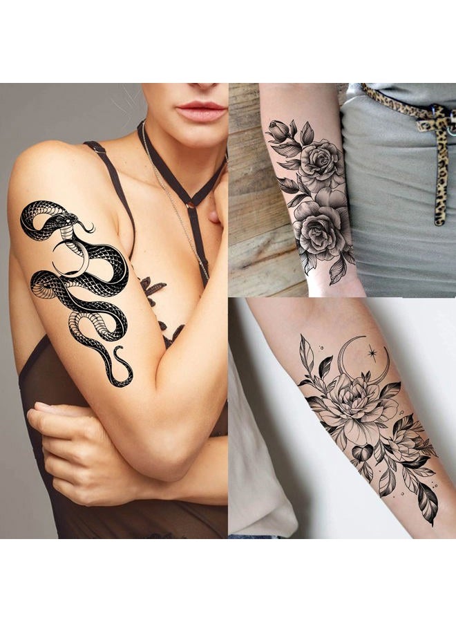 Bilizar 64 Sheets Long Lasting Flower Temporary Fake Tattoos For Women Arm Neck, Jellyfish Sunflower Moon Rose For Adults Girl, 3D Temp Realistic Snake Tatoo Stickers Serpent Peony Floral Kids - Image 3