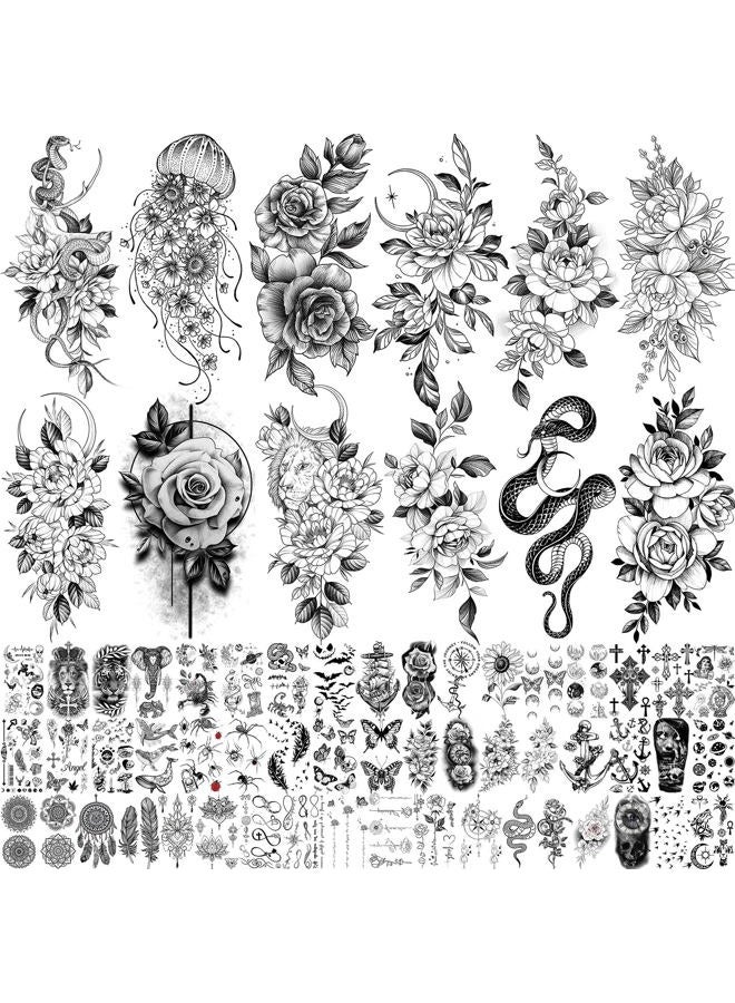 Bilizar 64 Sheets Long Lasting Flower Temporary Fake Tattoos For Women Arm Neck, Jellyfish Sunflower Moon Rose For Adults Girl, 3D Temp Realistic Snake Tatoo Stickers Serpent Peony Floral Kids - Image 1