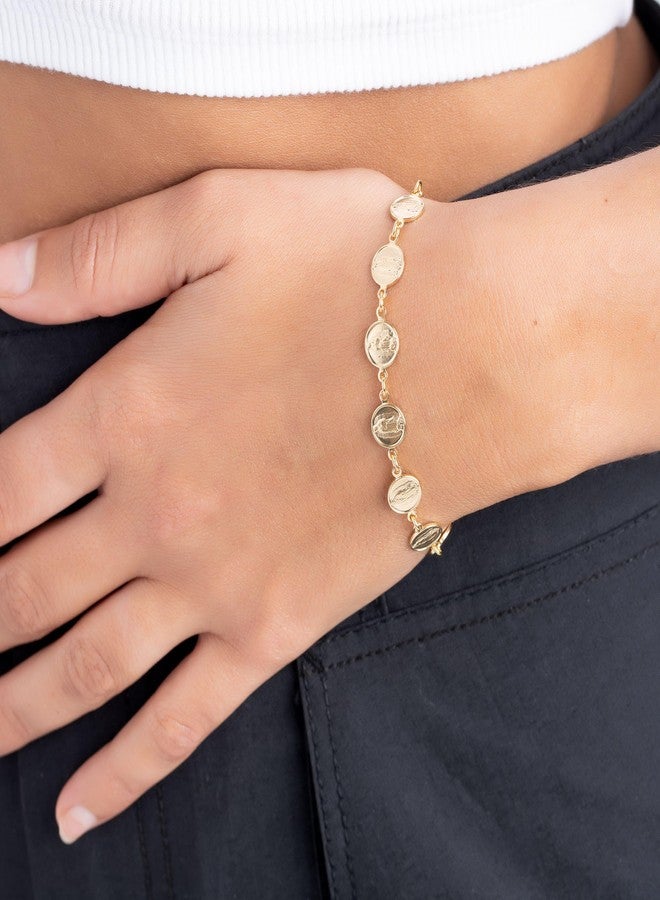 Barzel 18K Gold Plated Virgin Mary Coin Bracelet, 7.5 Inches, Waterproof, High Polish Finish, Tarnish Free - Image 2