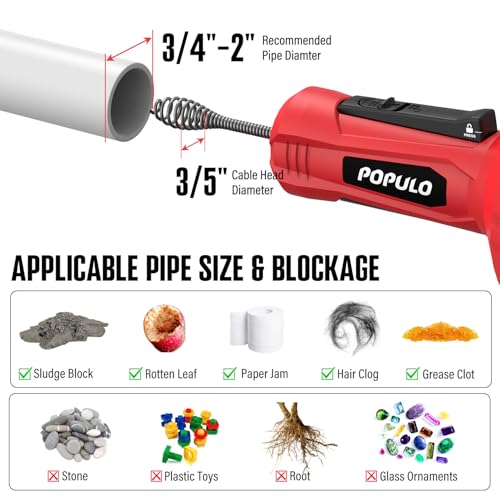 POPULO Auto-Feed 17FT Drain Snake Auger for 3/4"-2" Pipe, Plumbing Snake Drain Auger with Drill Adapter, Sink Snake Drain Hair Remover for Kitchen, Bathroom and Shower Sink, PMDA-5 - Image 4