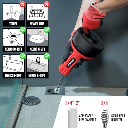 POPULO Auto-Feed 17FT Drain Snake Auger for 3/4"-2" Pipe, Plumbing Snake Drain Auger with Drill Adapter, Sink Snake Drain Hair Remover for Kitchen, Bathroom and Shower Sink, PMDA-5 - Image 2