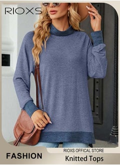 RIOXS Women's Long Sleeve Fitted Shirts Knitted Solid Color Tops Contrast Collar Cuff and Hem Soft and Comfortable Pullover Shirt  - Image 1