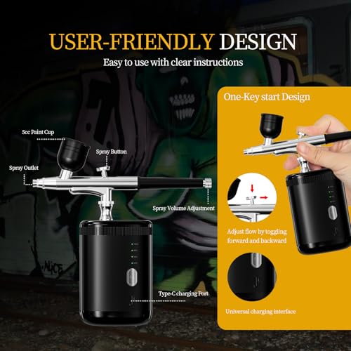 CBVCBV Airbrush kit Handheld Spray Paint Gun with 0305mm Nozzle Rechargeable Cordless Spray Gun Sets Suitableair Brush for Nails Art Color SprayingModelCreative PaintingBlack with Display Light - Image 3