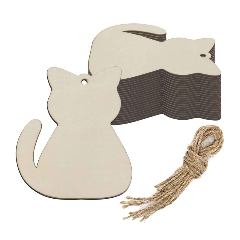 Creaides 20pcs Cat Wood DIY Crafts Cutouts Wooden Cat Shaped Hanging Ornaments with Hole Hemp Ropes Wood Tags for Pets Themed Birthday Halloween Christmas Party Decoration