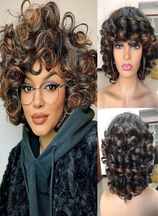 Annivia Short Curly Wigs for Black Women Afro Kinky Curly Wig with Bangs Loose Cute Curls Synthetic Hair for African American Women（Ombre Brown） - Image 2