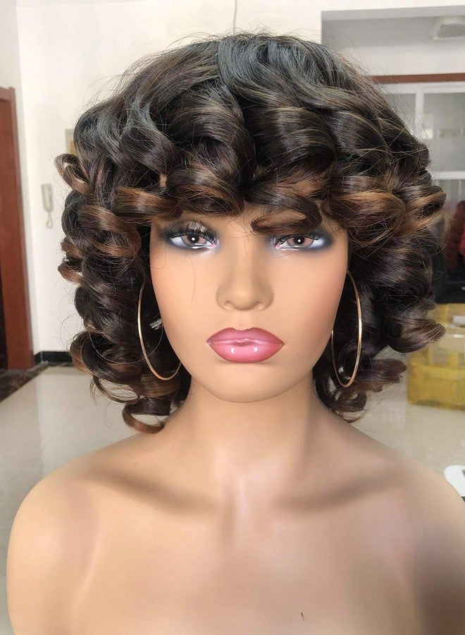 Annivia Short Curly Wigs for Black Women Afro Kinky Curly Wig with Bangs Loose Cute Curls Synthetic Hair for African American Women（Ombre Brown） - Image 1