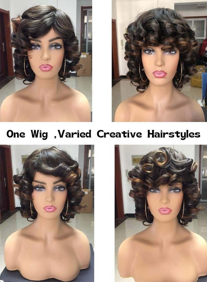 Annivia Short Curly Wigs for Black Women Afro Kinky Curly Wig with Bangs Loose Cute Curls Synthetic Hair for African American Women（Ombre Brown） - Image 3