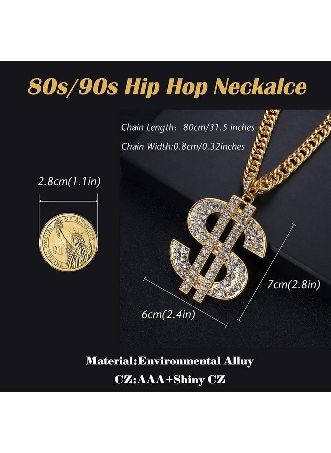 FIBO STEEL 80S 90S Accessories Outfit For Men Women Hip Hop Costumes Outfit Fake Gold Chains Dollar Sign Necklaces And Kanji Blessing Lucky Rings Set 80S 90S Party Jewelry  - Image 3