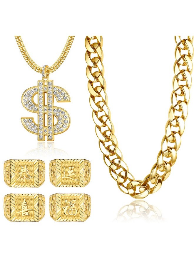FIBO STEEL 80S 90S Accessories Outfit For Men Women Hip Hop Costumes Outfit Fake Gold Chains Dollar Sign Necklaces And Kanji Blessing Lucky Rings Set 80S 90S Party Jewelry  - Image 1