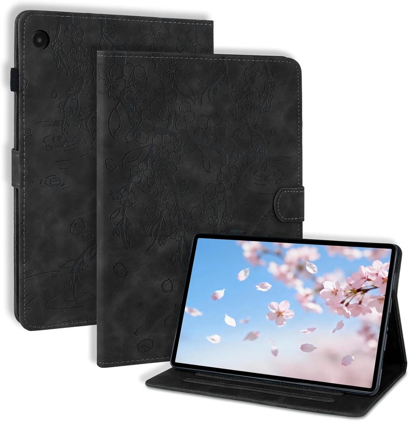 LSPCASA غلاف لـ Samsung Galaxy Tab A8 مقاس 10.5 بوصة 2022/2021 SM-X200/X205/X207 حافظة قابلة للطي من جلد PU واقية مع حامل قلم وفتحات بطاقات - غلاف جهاز لوحي محفظة - زهرة البرقوق الأسود - Image 1