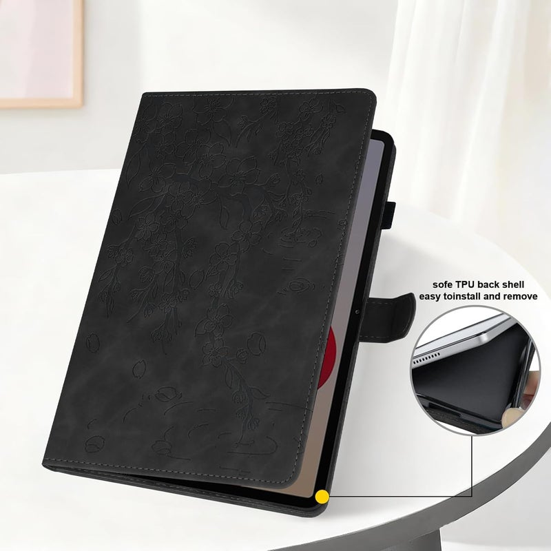 LSPCASA غلاف لـ Samsung Galaxy Tab A8 مقاس 10.5 بوصة 2022/2021 SM-X200/X205/X207 حافظة قابلة للطي من جلد PU واقية مع حامل قلم وفتحات بطاقات - غلاف جهاز لوحي محفظة - زهرة البرقوق الأسود - Image 3