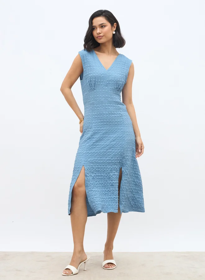 ستايلي Styli Women Self Design V Neck A-Line Midi Dress with Slit Detail
