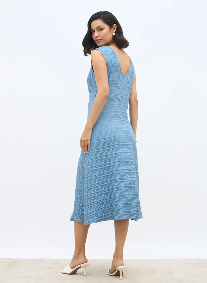 Styli Styli Women Self Design V Neck A-Line Midi Dress with Slit Detail