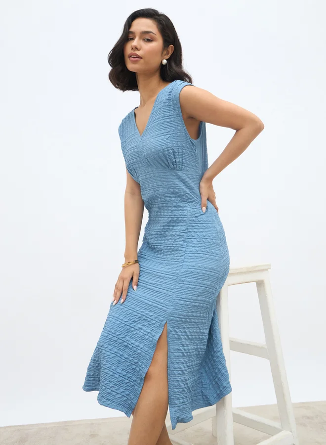 Styli Styli Women Self Design V Neck A-Line Midi Dress with Slit Detail