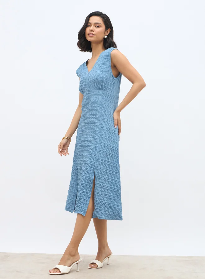 Styli Styli Women Self Design V Neck A-Line Midi Dress with Slit Detail
