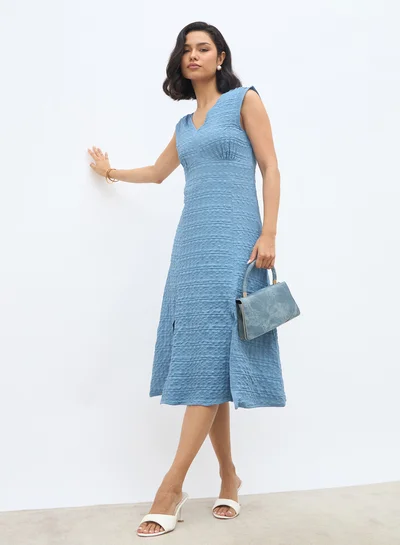 Styli Women Self Design V Neck A-Line Midi Dress with Slit Detail
