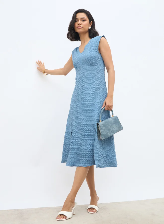 ستايلي Styli Women Self Design V Neck A-Line Midi Dress with Slit Detail