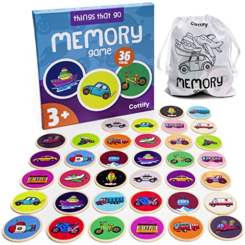 Cottify MontessoriInspired Wooden Matching Game for Toddlers 24 Years Things that Go Durable ScratchResistant 36 Card Set Includes Carry Bag Memory Game for Toddlers 24 Years Means of Transport - Image 1