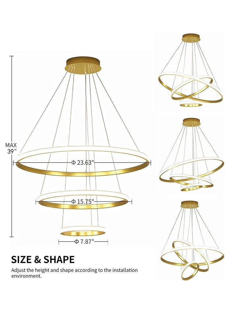 مخطوطات 76W LED الذكية الحديثة LED قلادة ضوء، 3 حلقات LED الثريات لاعبا اساسيا عكس الضوء المعاصرة الصمام الدائري مع جهاز التحكم عن بعد، اللون (دافئ / بارد / ضوء النهار) ضوء معلق غرفة المعيشة وغرفة النوم والطعام - Image 4