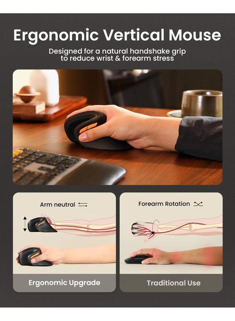 ProtoArc ماوس مريح EM11 NL من ProtoArc، ماوس عمودي لاسلكي بلوتوث قابل لاعادة الشحن، اتصال متعدد الاجهزة لـ 3 اجهزة للكمبيوتر/اللابتوب، ماوس بصري 2.4GHz لنظام التشغيل ويندوز وماك او اس، اسود - Image 4