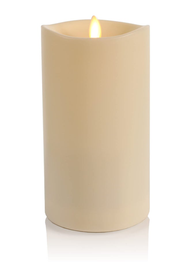 OUTDOOR FLAMELESS LED IVORY CANDLE MELTED EDGE 375 X 7 REAL MOVING FLAME BATTERY OPERATED TIMER PLASTIC WEATHERRESISTANT