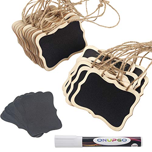 ONUPGO 20 Pack Mini Chalkboard Tags with Liquid Chalk Marker, Erasable Wooden Chalkboard Signs with Hanging String, Price Tags, Message Tags for Wedding Decor, Party Buffet Display, Place Cards - Image 1