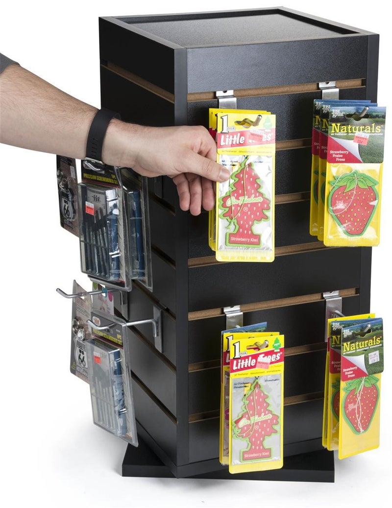 Displays2go Slatwall Display Case with Rotating Base 28 Display Channels Counter Mount Melamine  Black CTSLWSQ12 - Image 3