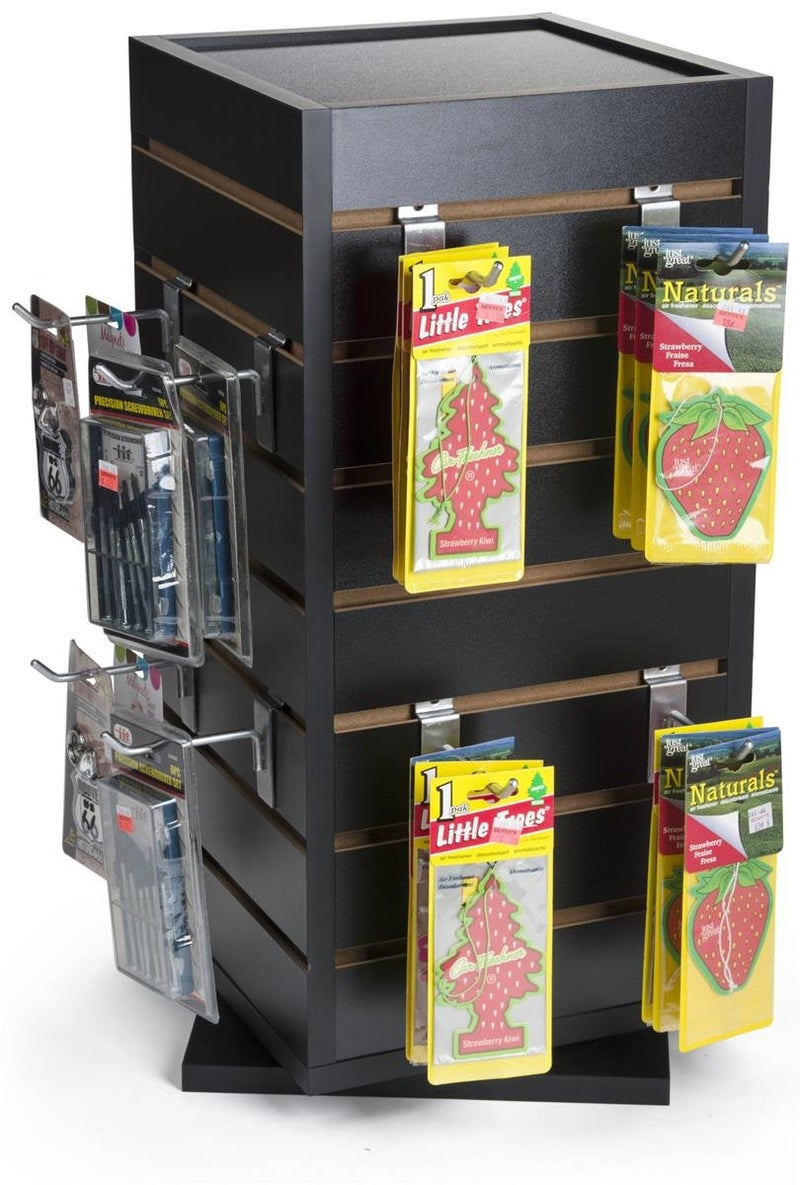 Displays2go Slatwall Display Case with Rotating Base 28 Display Channels Counter Mount Melamine  Black CTSLWSQ12 - Image 2