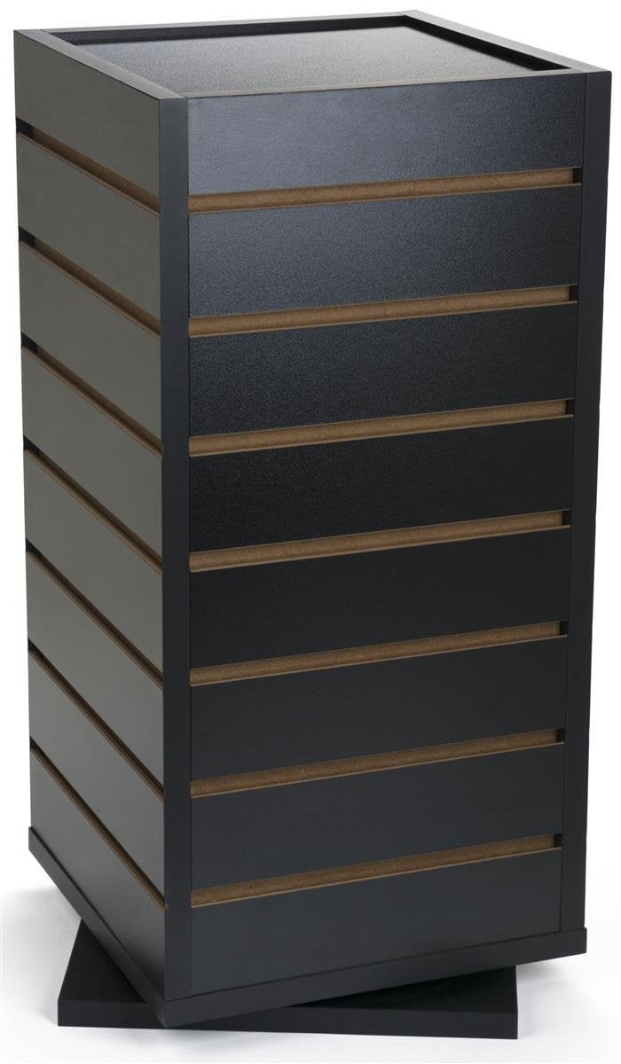 Displays2go Slatwall Display Case with Rotating Base 28 Display Channels Counter Mount Melamine  Black CTSLWSQ12 - Image 1