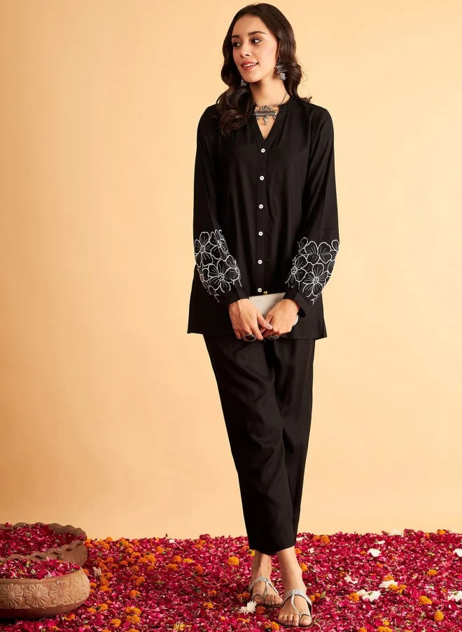 SASSAFRAS Floral Embroidered Black Shirt and Trousers for Women