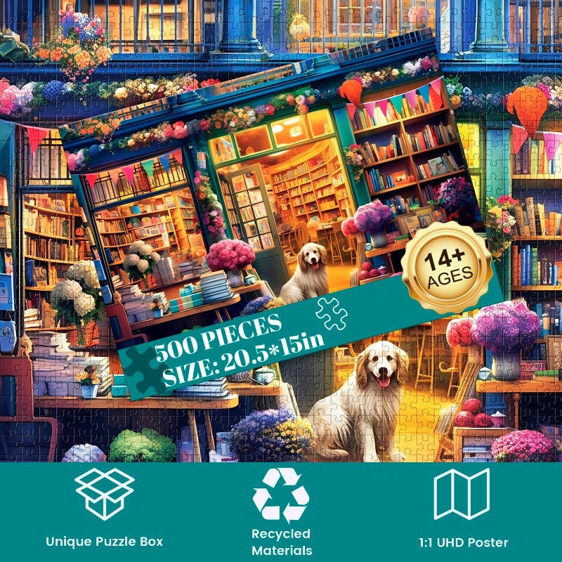 Nitktaia 500 Piece Puzzle for Adults-Bookstore Dogs Puzzle | Recycled Cardboar Jigsaw Puzzles 500 Pieces | Challenging Family Activity Great Gift Idea for Family Friends | Difficult Puzzles Size 20.5 x 15 in - Image 2