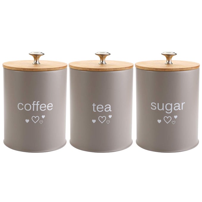 SET OF 3 KITCHEN CANISTER SET COFFEE SUGAR AND TEA STORAGE CONTAINER JARS WITH BAMBOO LIDS FOR STORING SUGAR COFFEE AND TEA GRAY