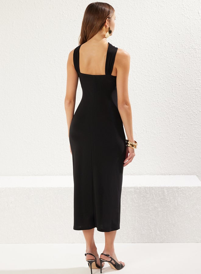 trendyol Black Fitted Accessory Detailed Knitted Stylish Dress - Image 5